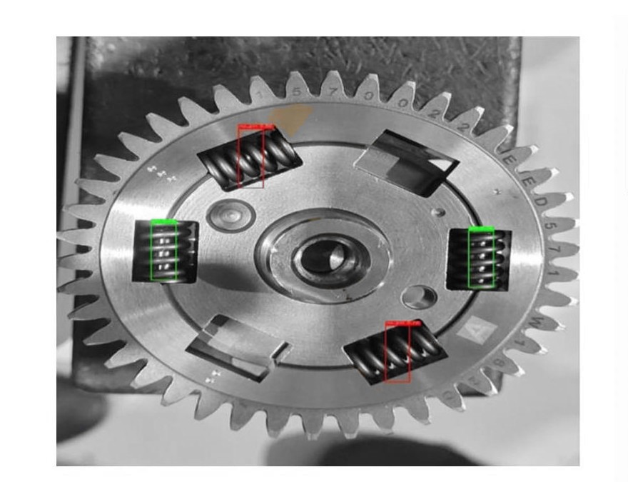 Detection view of a balance-shaft gear assembly with pin and spring positions boxed green for accepted and red for rejected