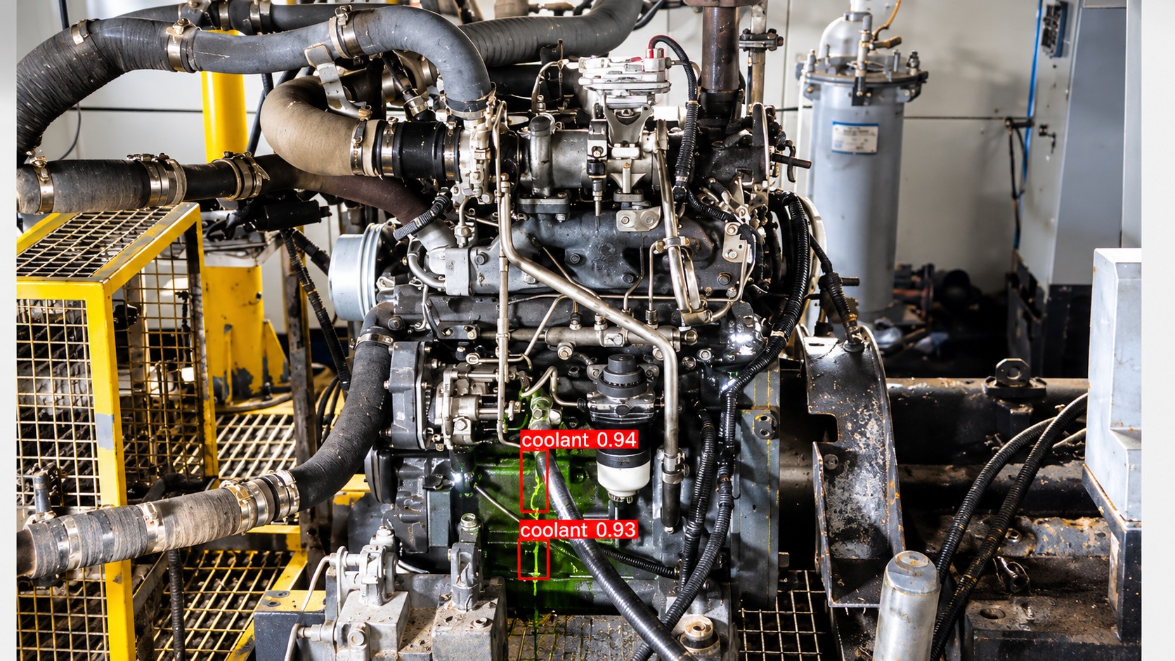Detection view of an engine with coolant leak points boxed and confidence-scored