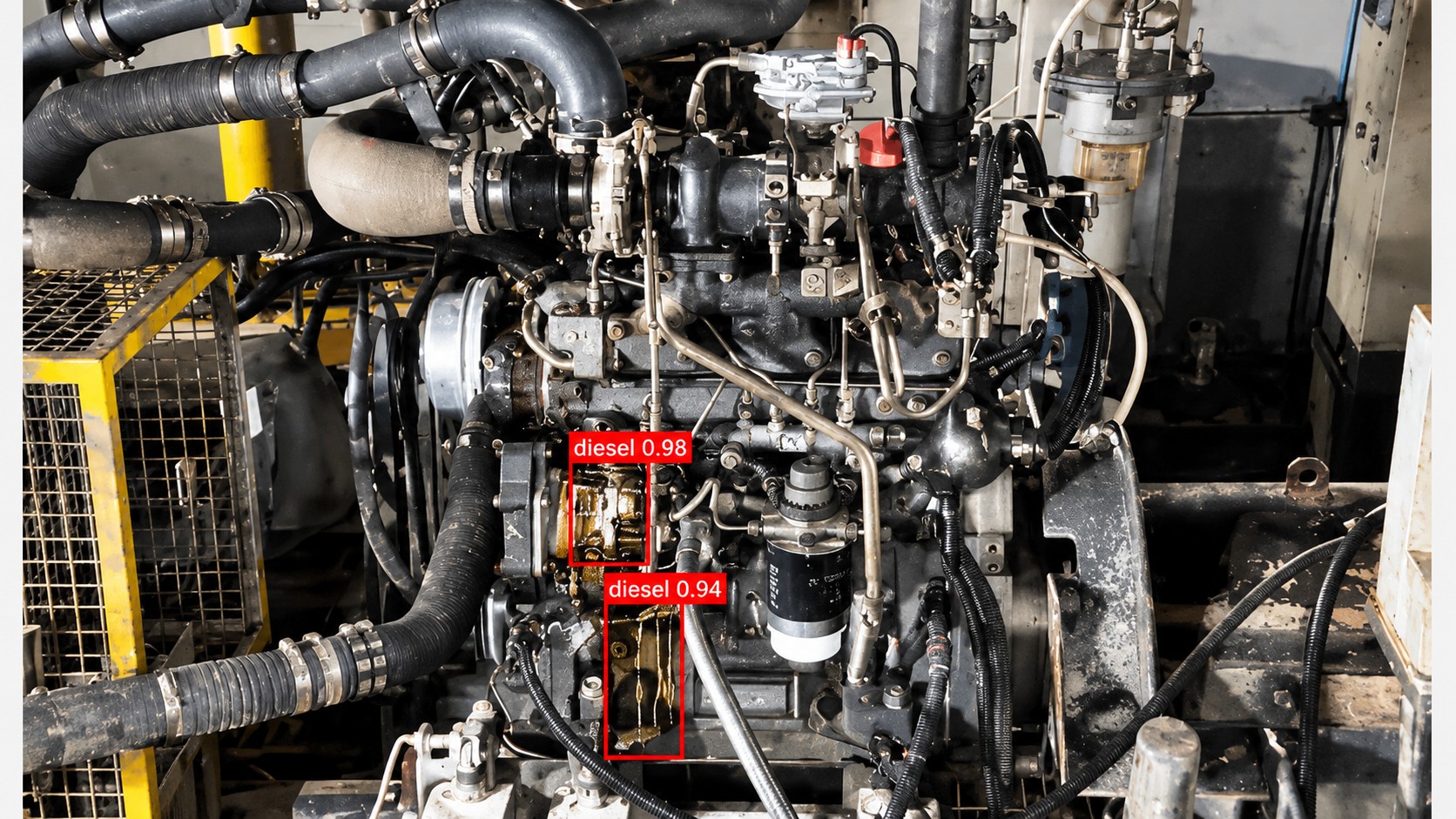 Detection view of an engine with diesel leak points boxed and confidence-scored