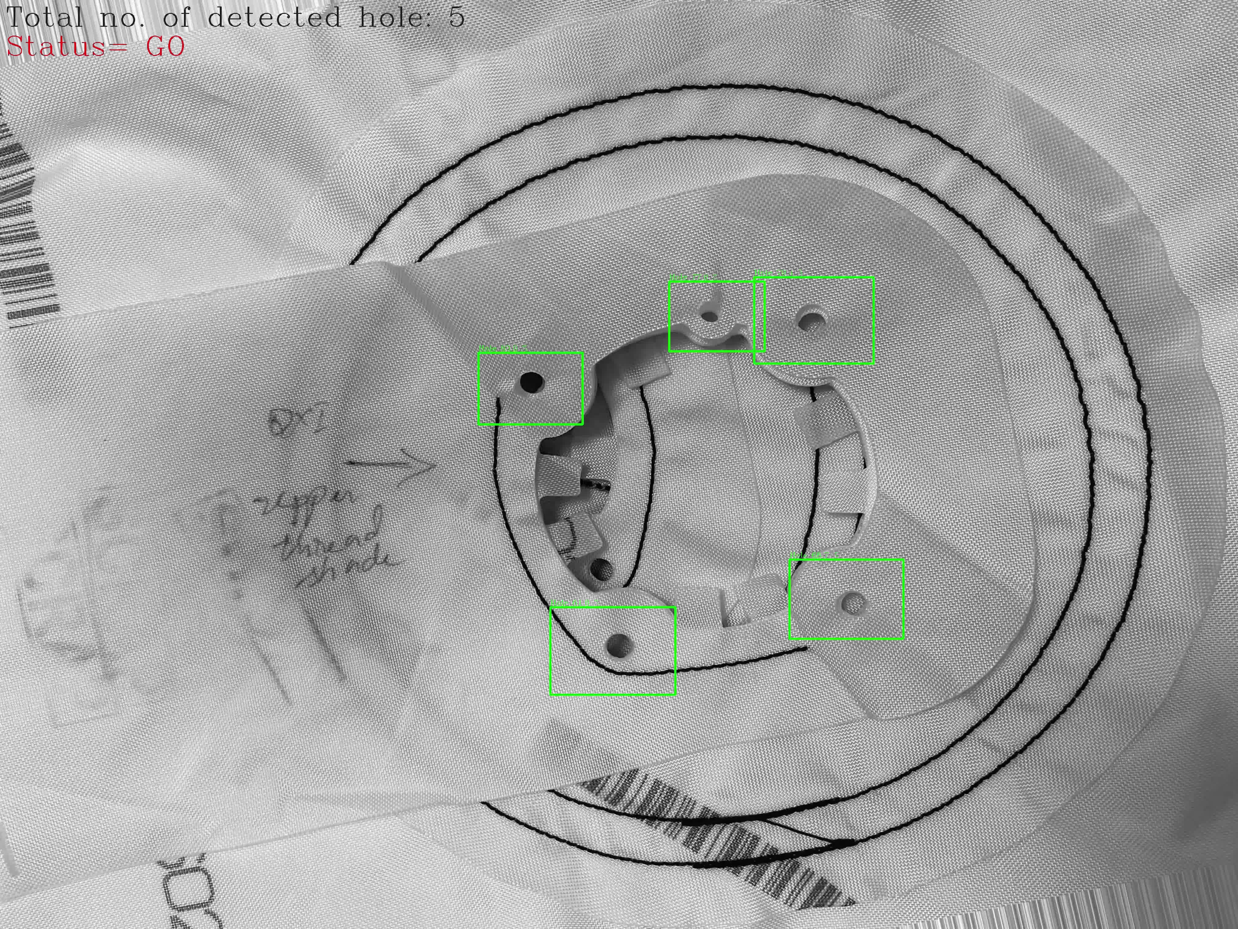 Detection view of a stitched bracket component with each hole boxed and counted, marked GO