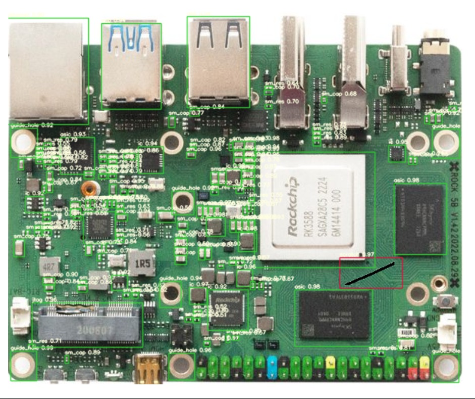 Detection view of a populated circuit board with components boxed green and a scratch defect boxed red