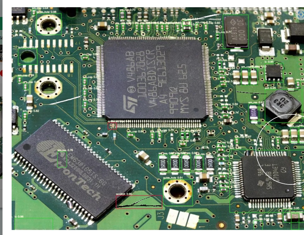 Detection view of a development board with components boxed green, a missing-component region circled, and a scratch boxed red