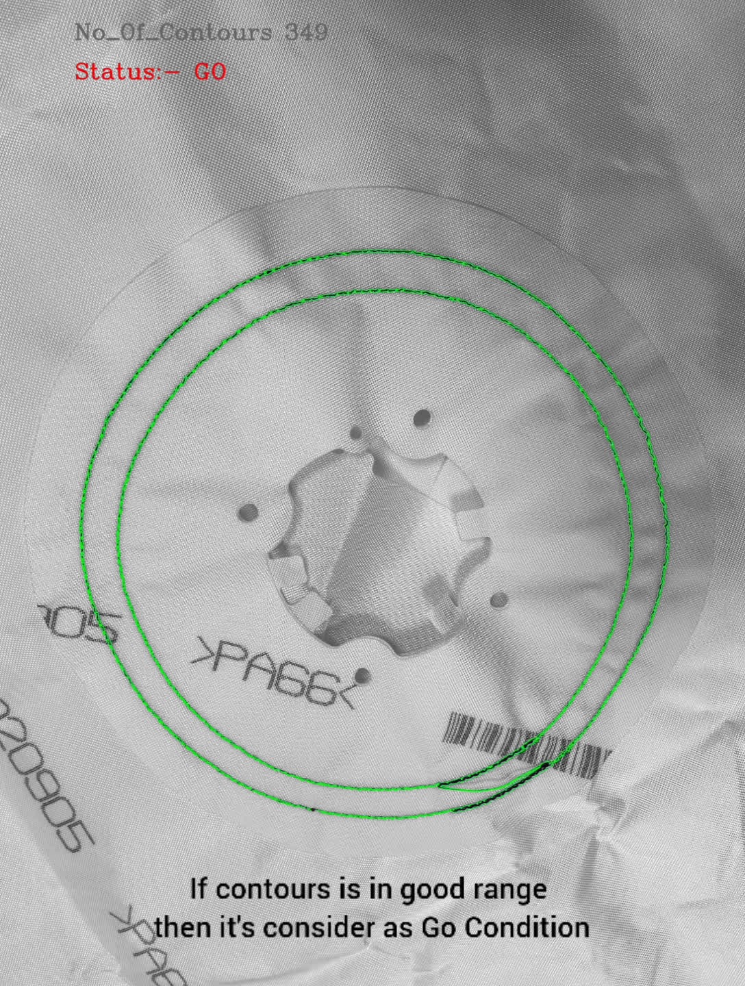 Detection view of a circular stitch pattern with contour overlay, marked GO