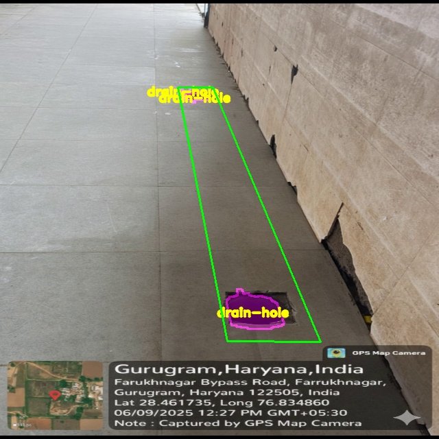 Warehouse walkway with an open drain hole outlined and labelled by the VICAS vision system