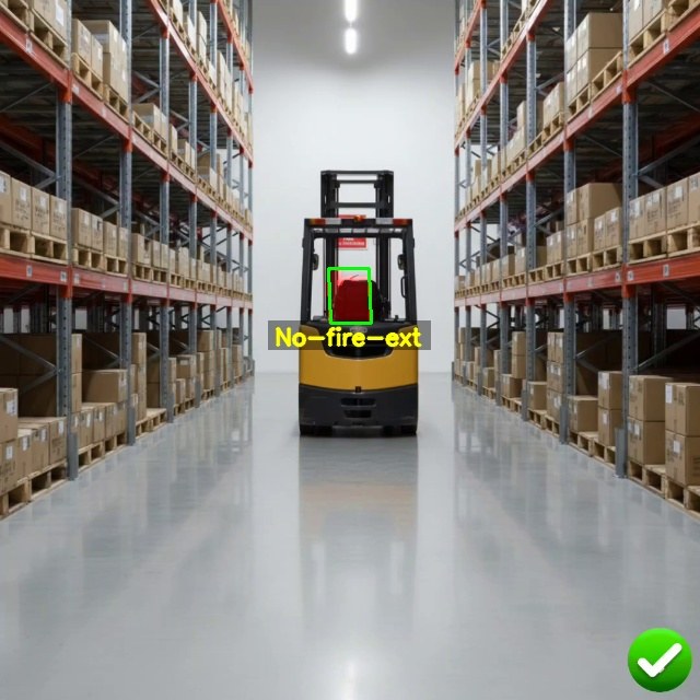 Forklift in a warehouse aisle with a missing fire extinguisher flagged by the VICAS vision system