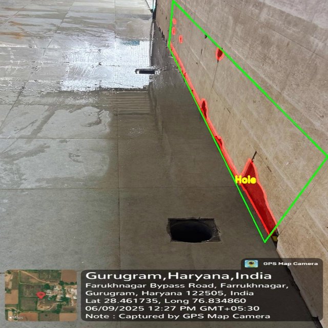 Warehouse wall and floor with a hole in the wall highlighted and an open drain marked by the VICAS vision system