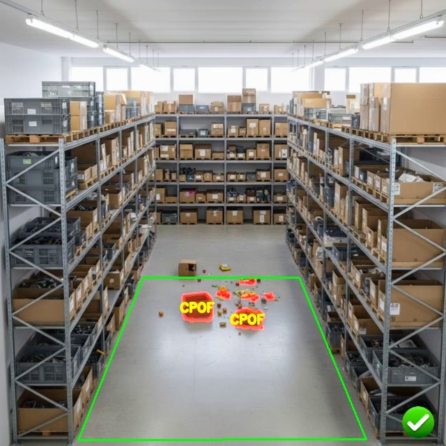Warehouse aisle with a marked green zone and items on the floor highlighted and labelled by the VICAS vision system