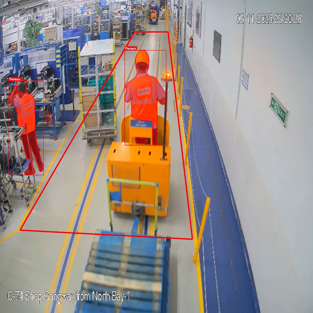 Shop floor camera detecting a worker on a yellow tugger/MHE vehicle in a marked gangway lane