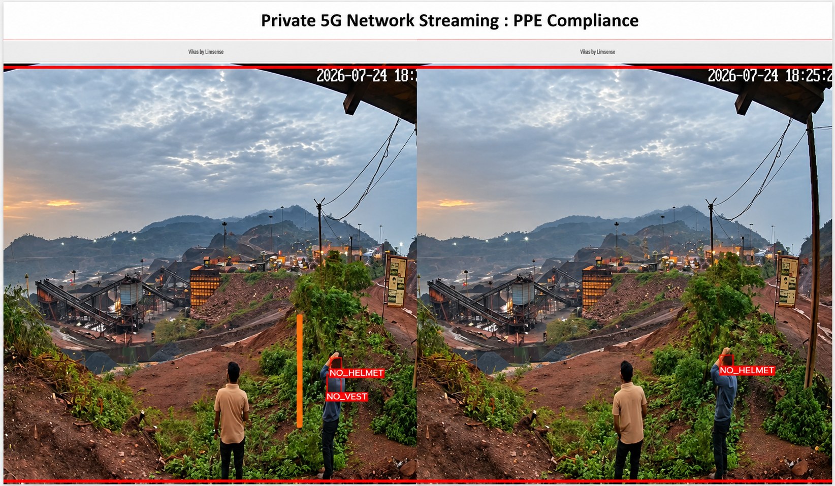 Split-screen private 5G camera feed of an open-pit mine site with two workers boxed and flagged NO_HELMET and NO_VEST
