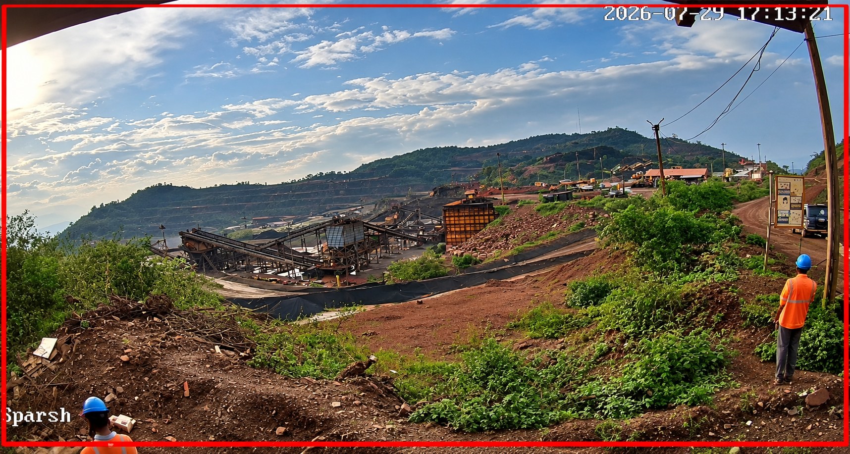 Live camera view of an open-pit mine site with a worker on the slope, streamed to a monitoring console