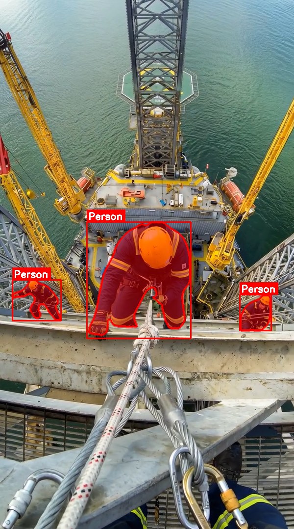 Derrick-mounted camera detecting three workers, boxed and labelled PERSON, at height above the rig floor