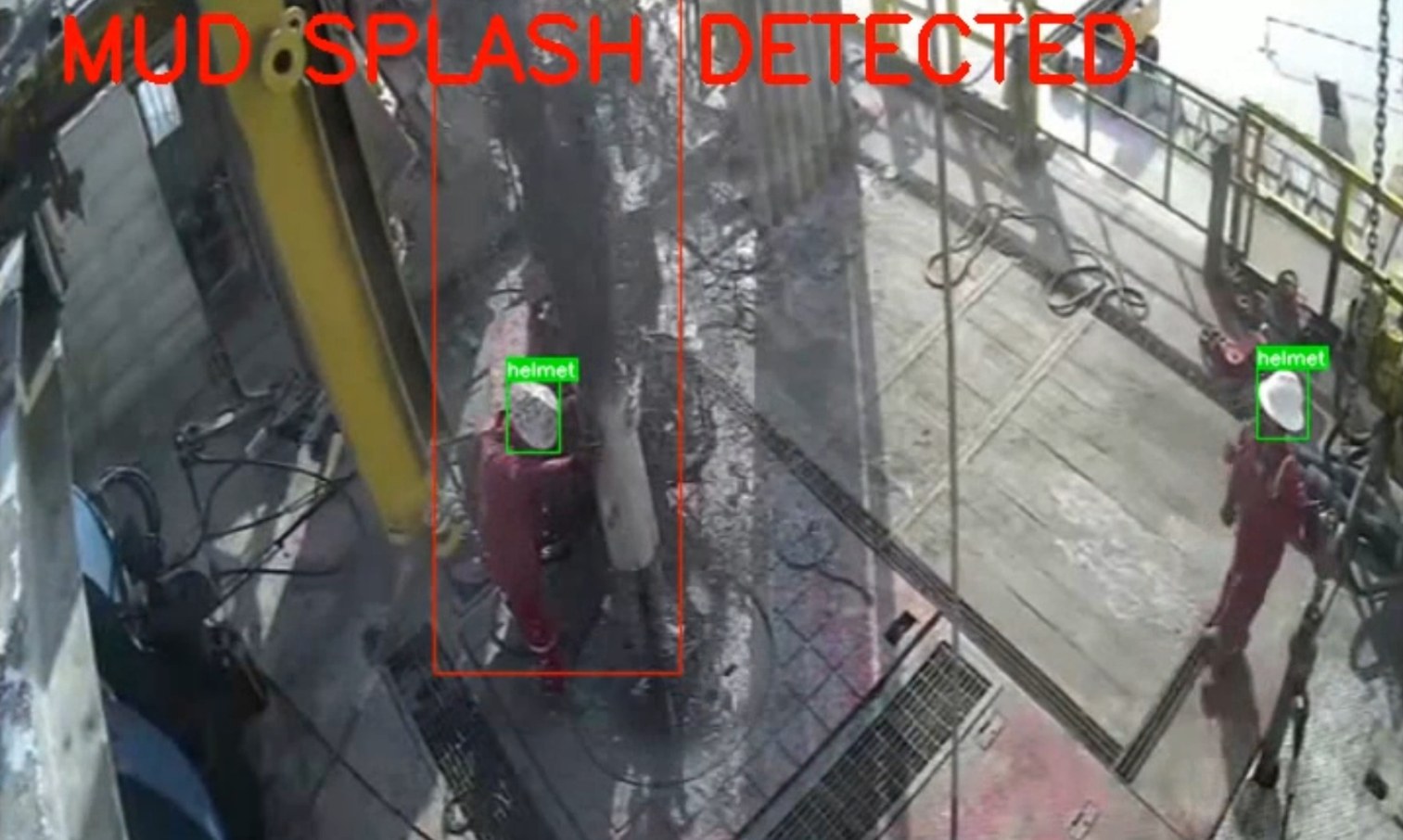 Rig floor camera feed with a MUD SPLASH DETECTED banner and workers boxed nearby