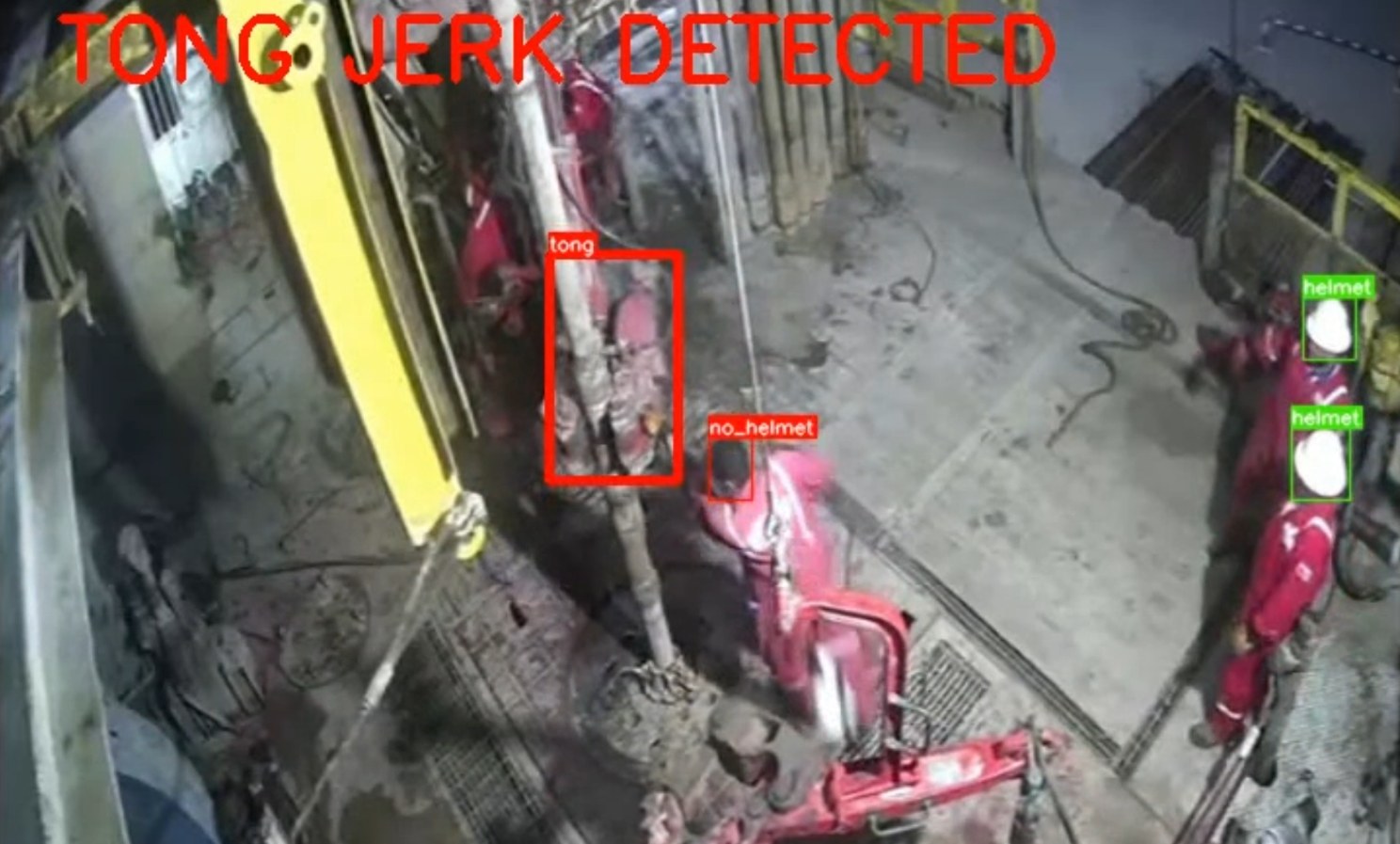 Rig floor camera with a TONG JERK DETECTED banner, the tongs boxed and a worker without a helmet flagged nearby