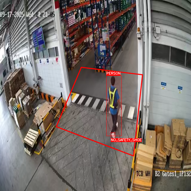 Entry point camera flagging a safety footwear violation with real-time detection box