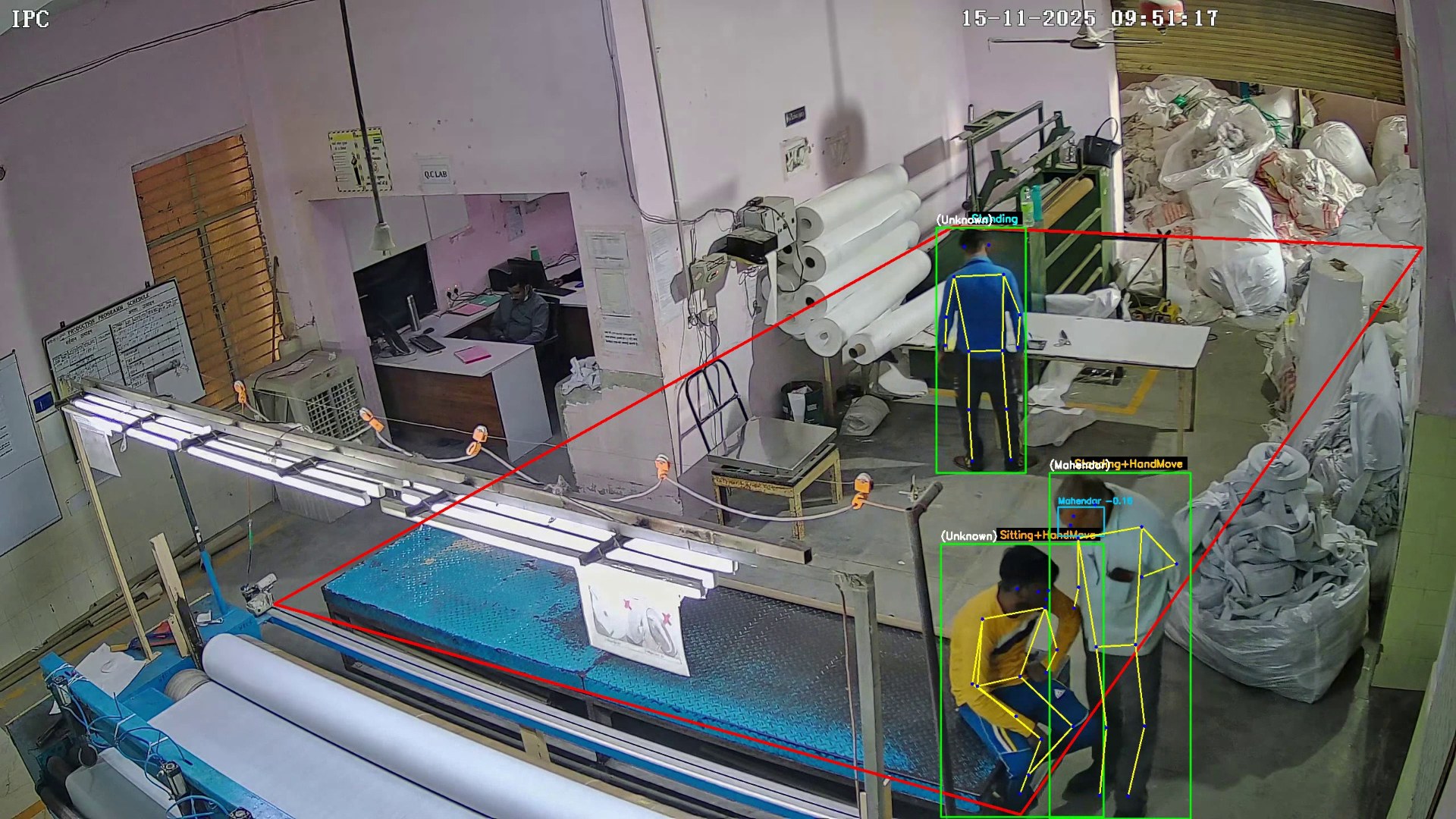 Two workers close together in the marked zone, each tracked with a posture skeleton and an activity label