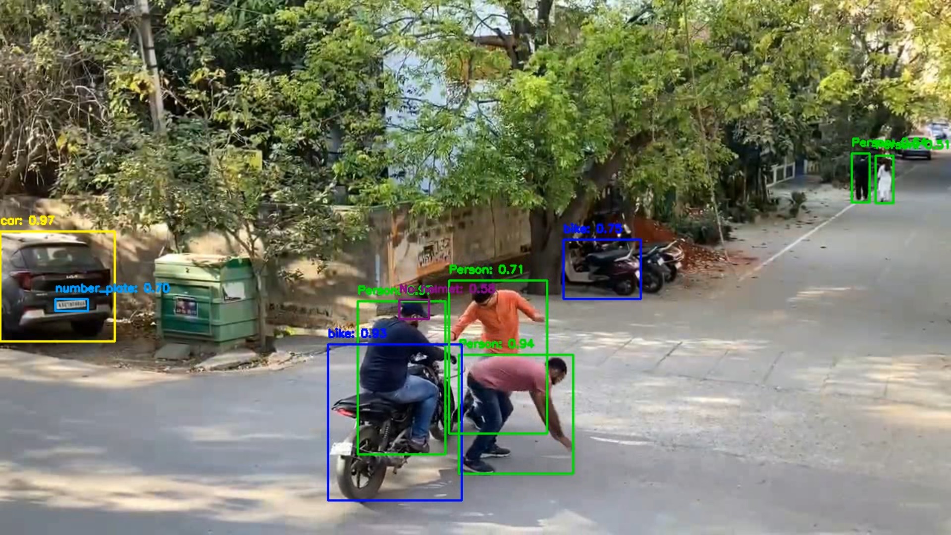 Roadside camera view with a car's number plate boxed and read, and a rider without a helmet flagged nearby