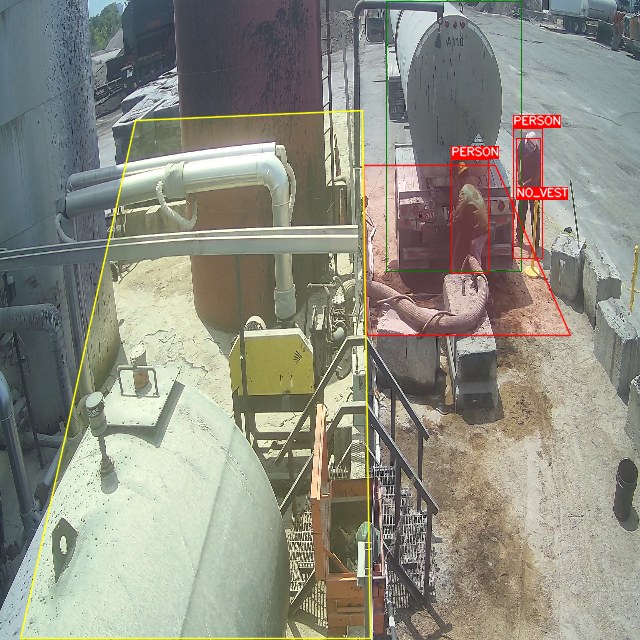 Camera view of a bitumen plant with a worker detected and boxed inside the restricted zone