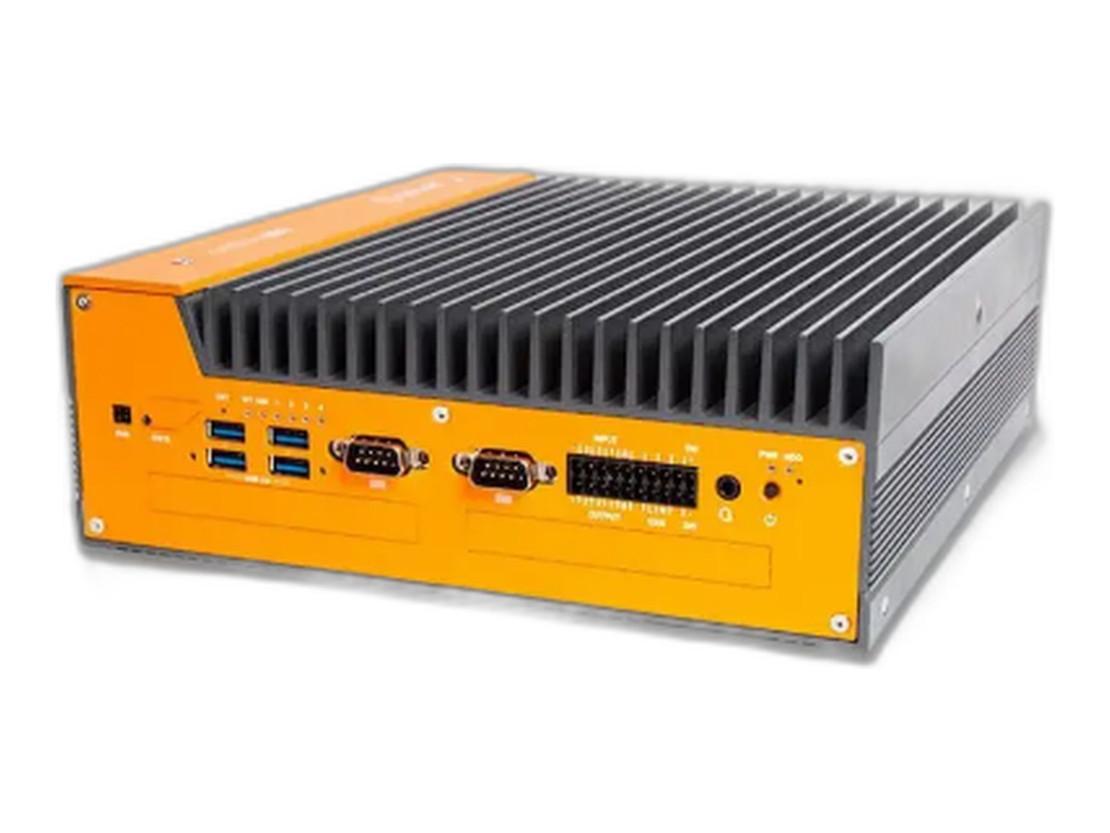 OnLogic Karbon 802 rugged fanless edge computer, orange front panel with USB, serial and terminal-block I/O