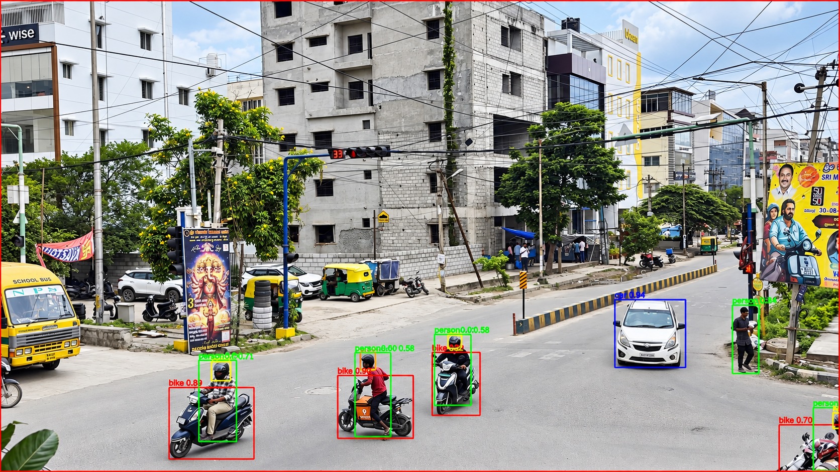 City intersection camera view with cars, bikes and pedestrians classified and boxed by the vision system