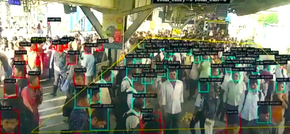 Dense concourse crowd with entry and exit counting overlaid