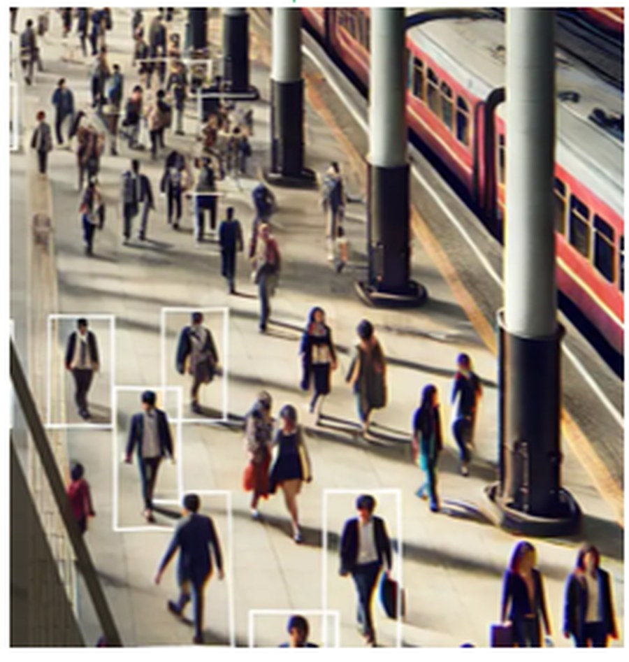 Passengers on a platform each identified with a detection box