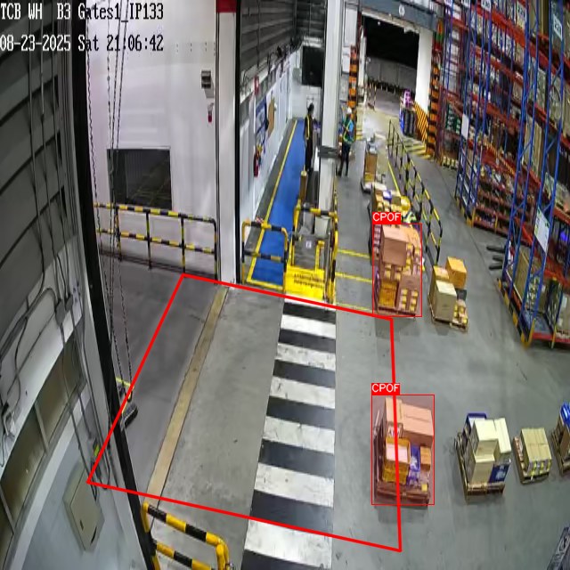Warehouse CCTV view with a pedestrian crossing zone outlined in red