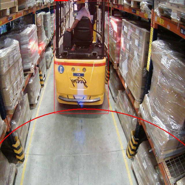 Forklift-mounted camera view down a racking aisle with the detection boundary drawn