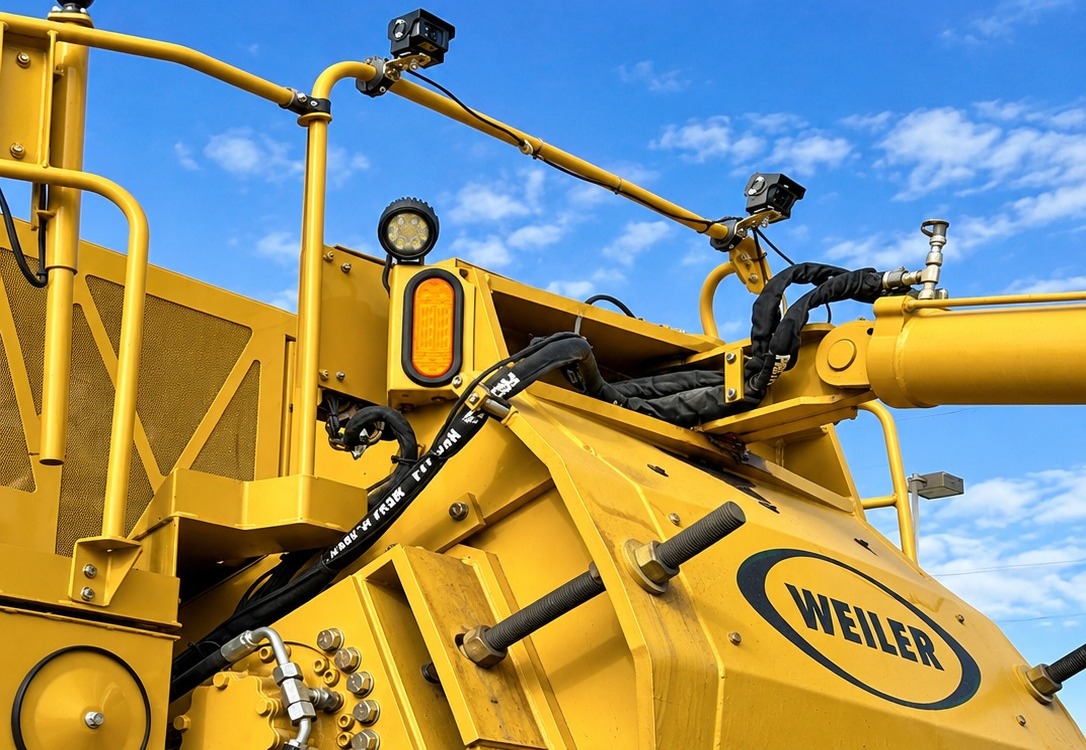 Two edge cameras and an LED warning light mounted on the boom of a Weiler milling machine, wired alongside the hydraulics