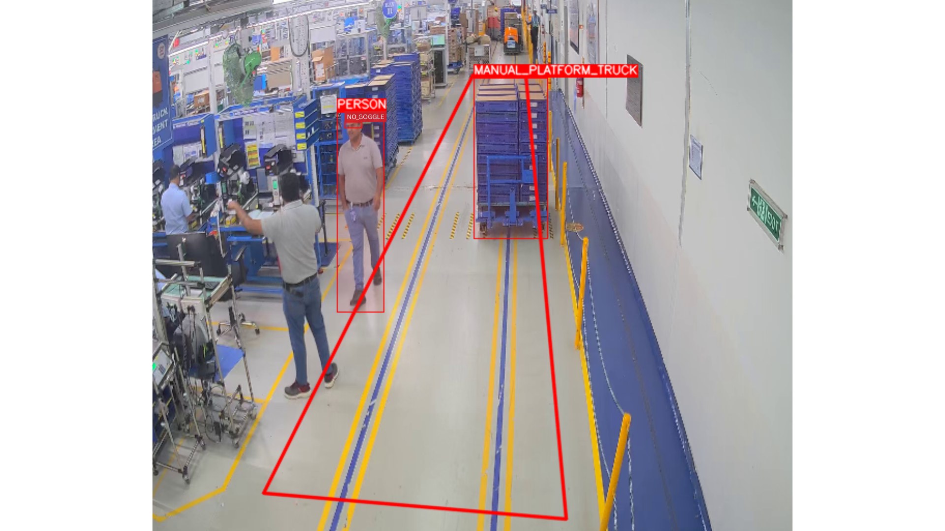Factory aisle camera view with a worker boxed as PERSON and flagged NO_GOGGLE, and a manual platform truck boxed and labelled