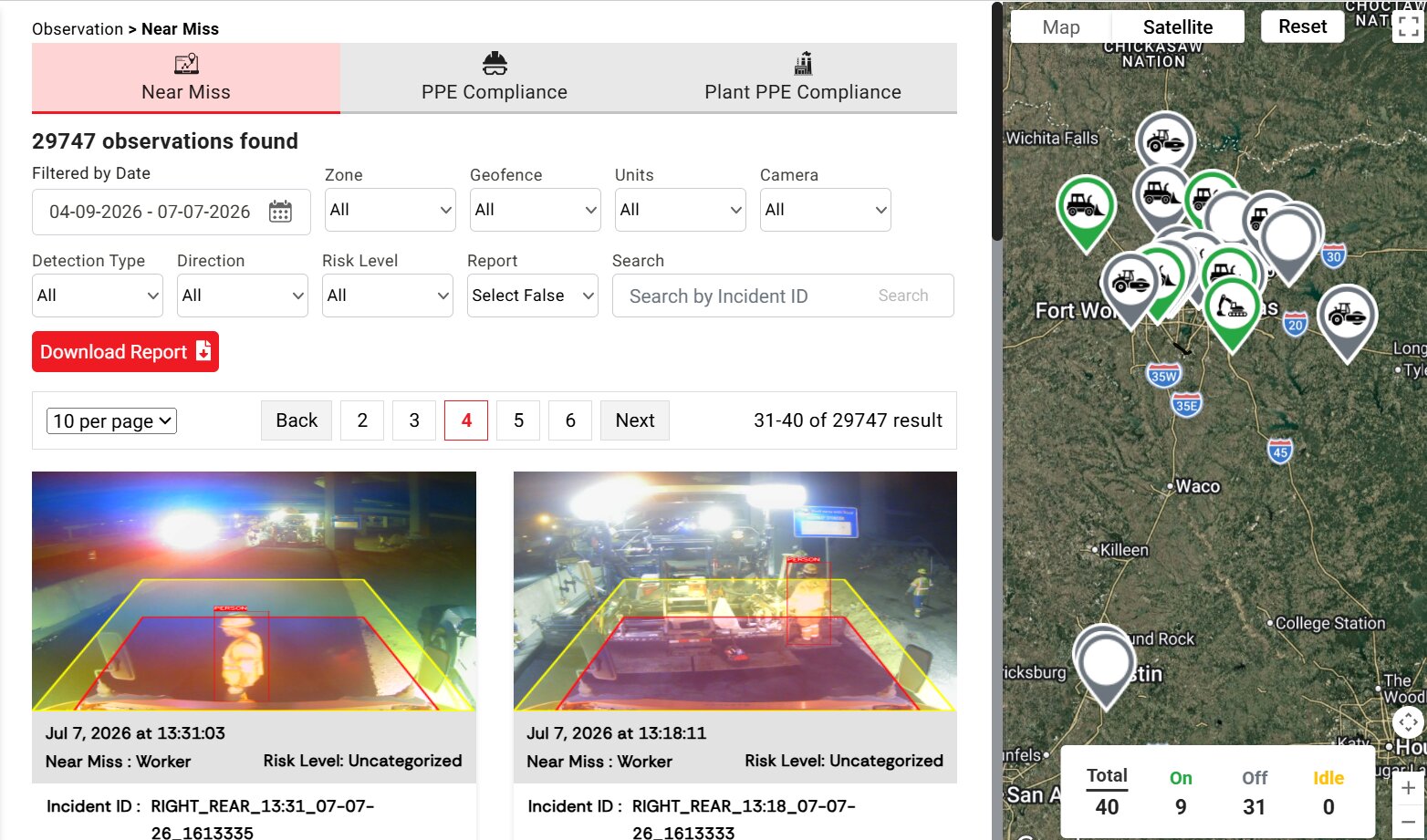 Near-miss observations list filtered by zone, unit and risk level, beside a fleet map