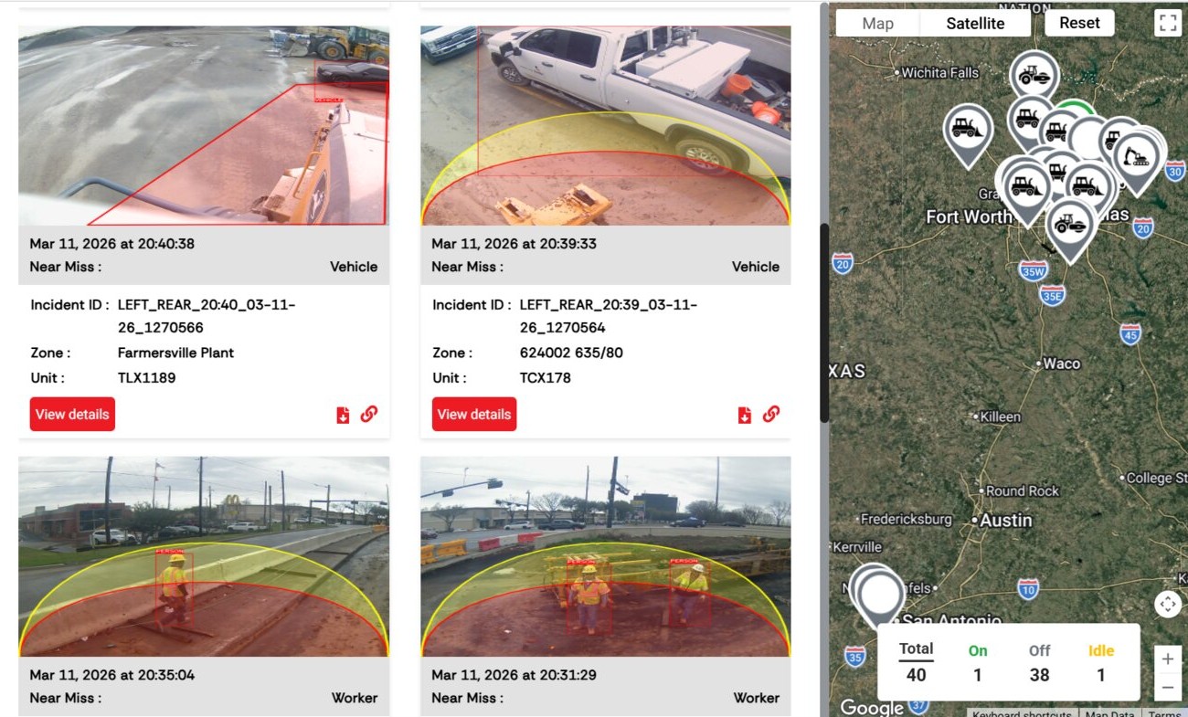 Near-miss event cards with incident IDs, zones and unit numbers beside a live fleet map