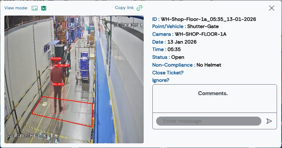 Warehouse entry camera flagging a worker without a helmet or vest, with an open ticket alongside