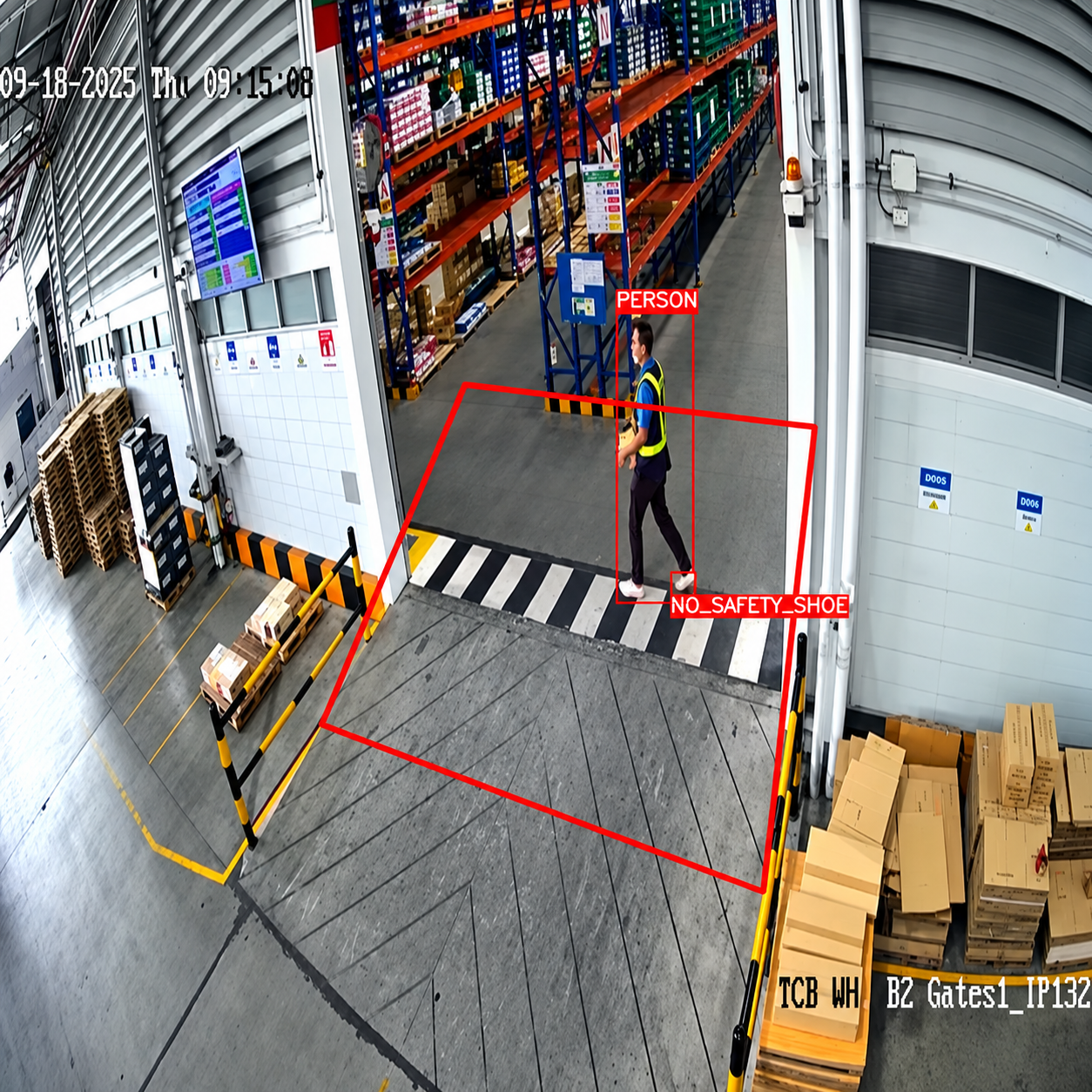 Warehouse gate camera flagging a worker for a safety footwear violation
