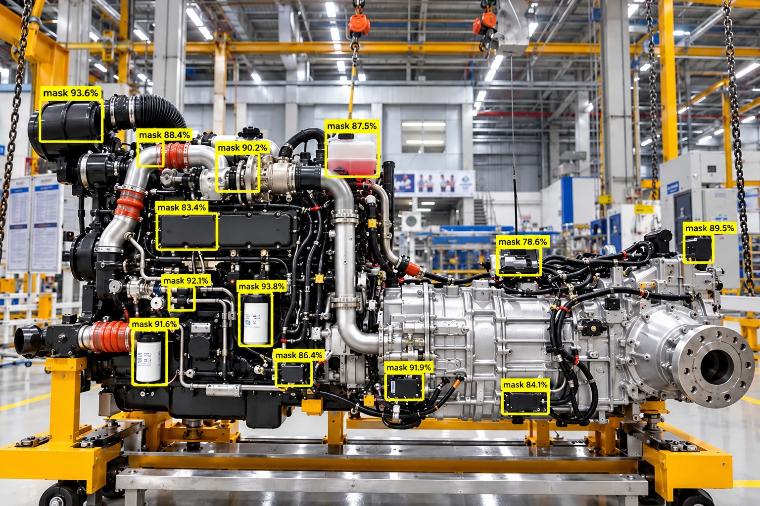 Wide assembly-line view with workers boxed and labeled for face-mask compliance