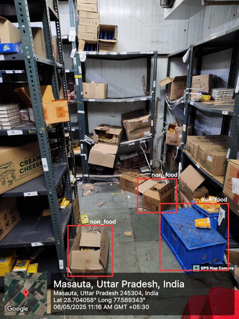 Warehouse shelving with non-food cartons detected by the VICAS vision system