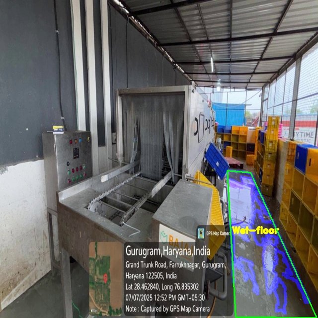 Washing area in a food warehouse with a wet floor patch detected by the VICAS vision system
