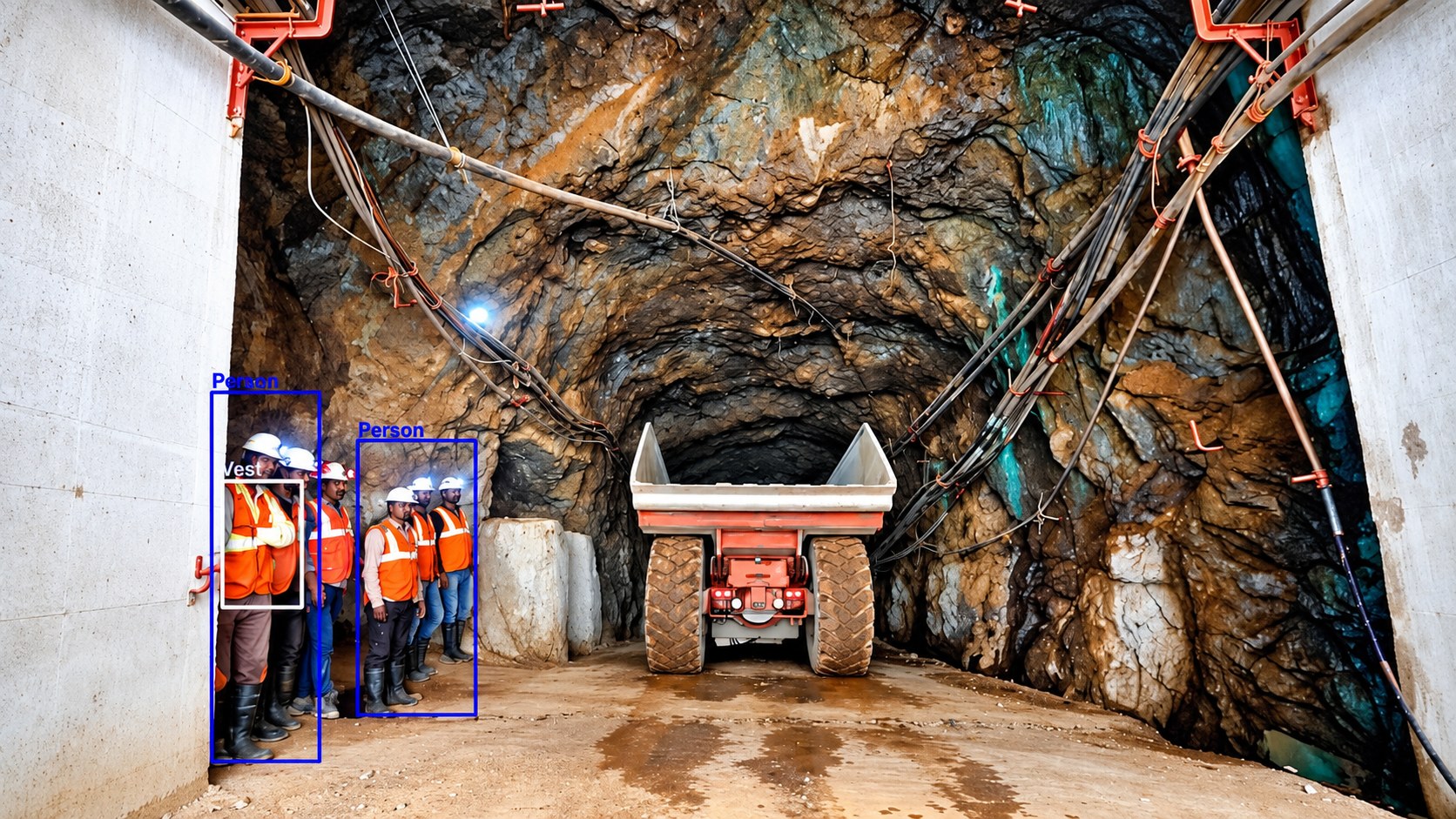 Open-pit mine site camera feed flagging PPE violations over a private 5G network