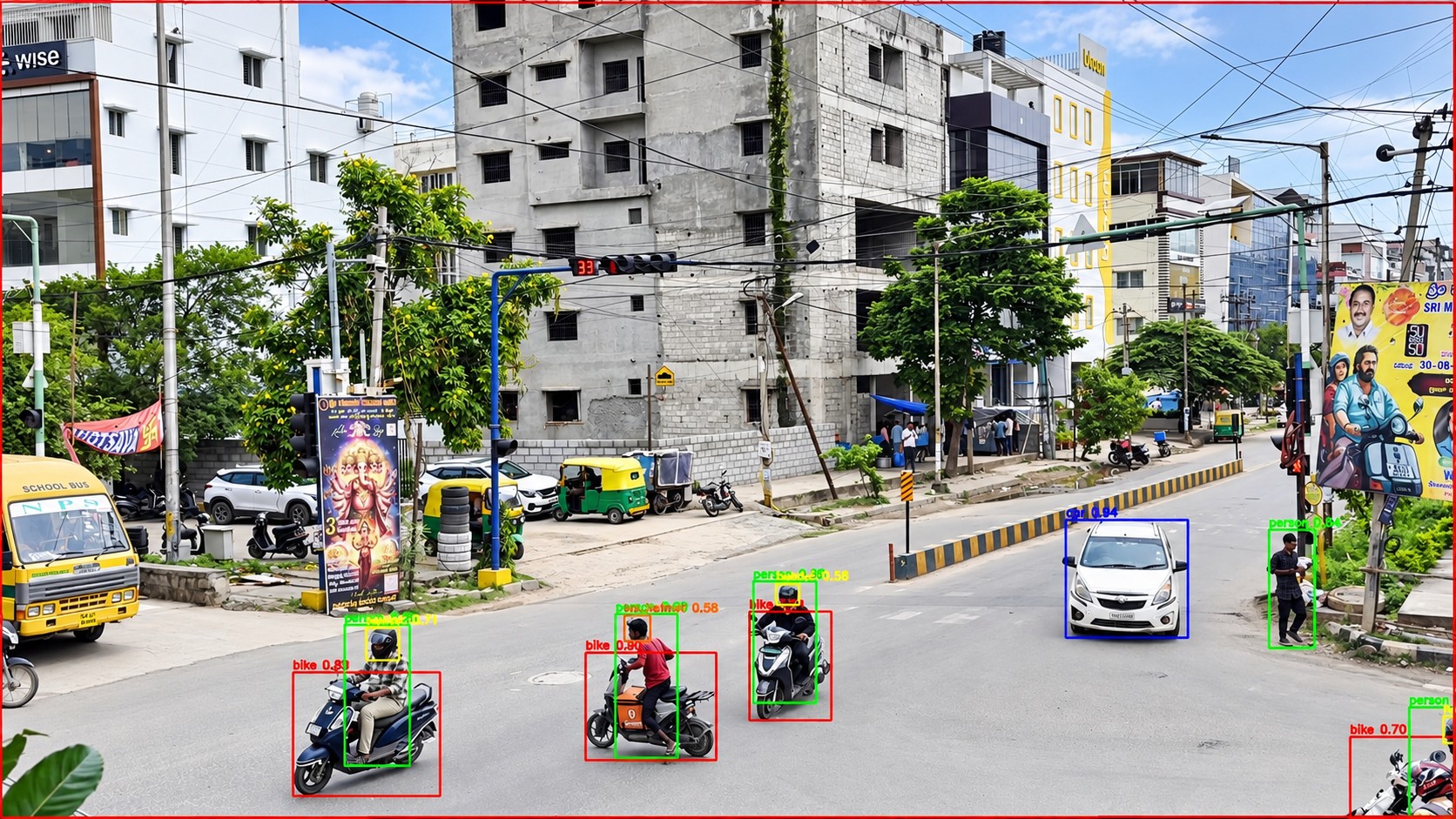 Wide elevated camera view of a busy multi-lane intersection with vehicles classified and labelled