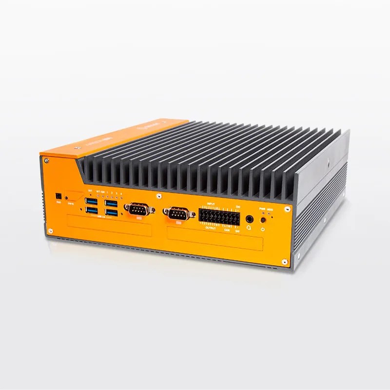 OnLogic Karbon 802 rugged fanless edge computer, orange front panel with USB, serial and terminal-block I/O