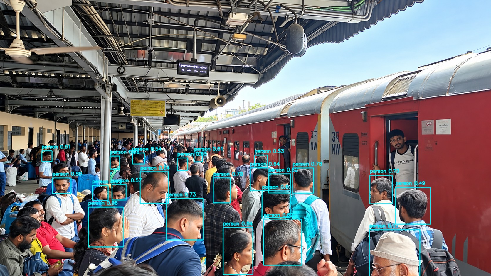 Crowded station platform with individual passengers detected and counted by the vision system next to a stopped train