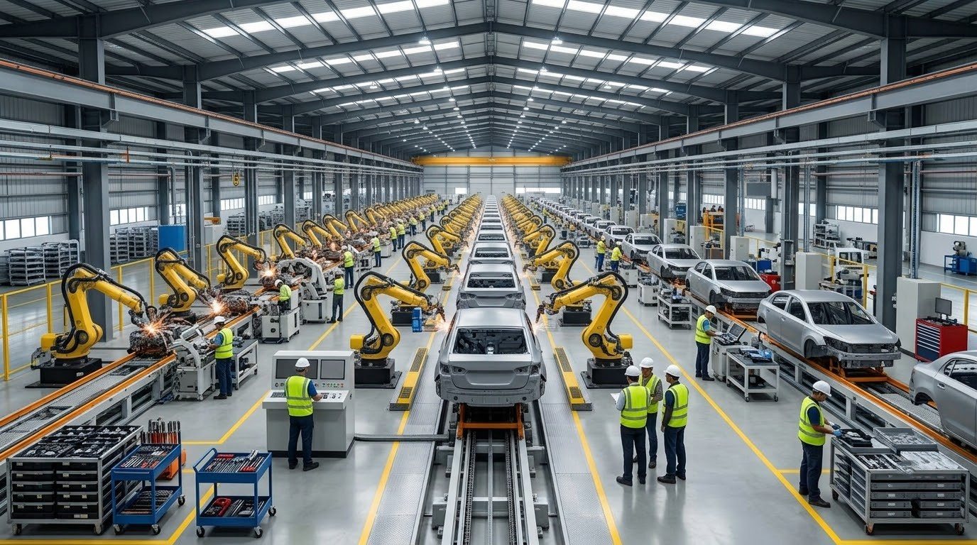 Automotive assembly line with robotic welding arms and workers in high-vis vests