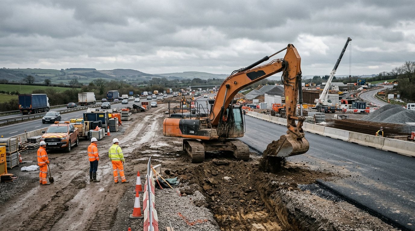Excavator working on an active road construction site with high-vis workers nearby