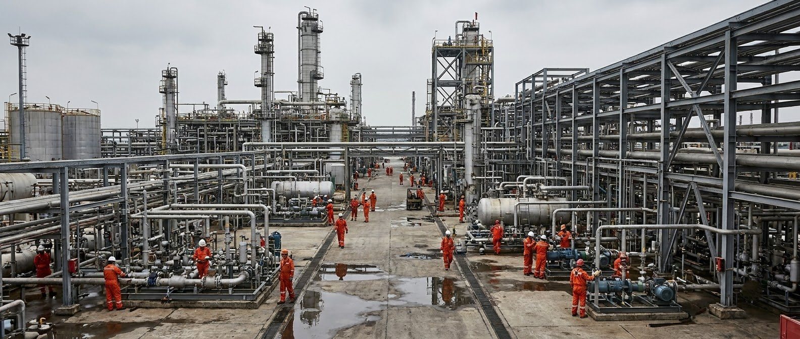 Oil and gas processing plant with workers in orange coveralls among pipework