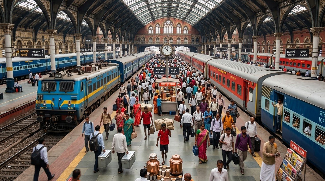 Crowded railway platform with commuters moving alongside trains