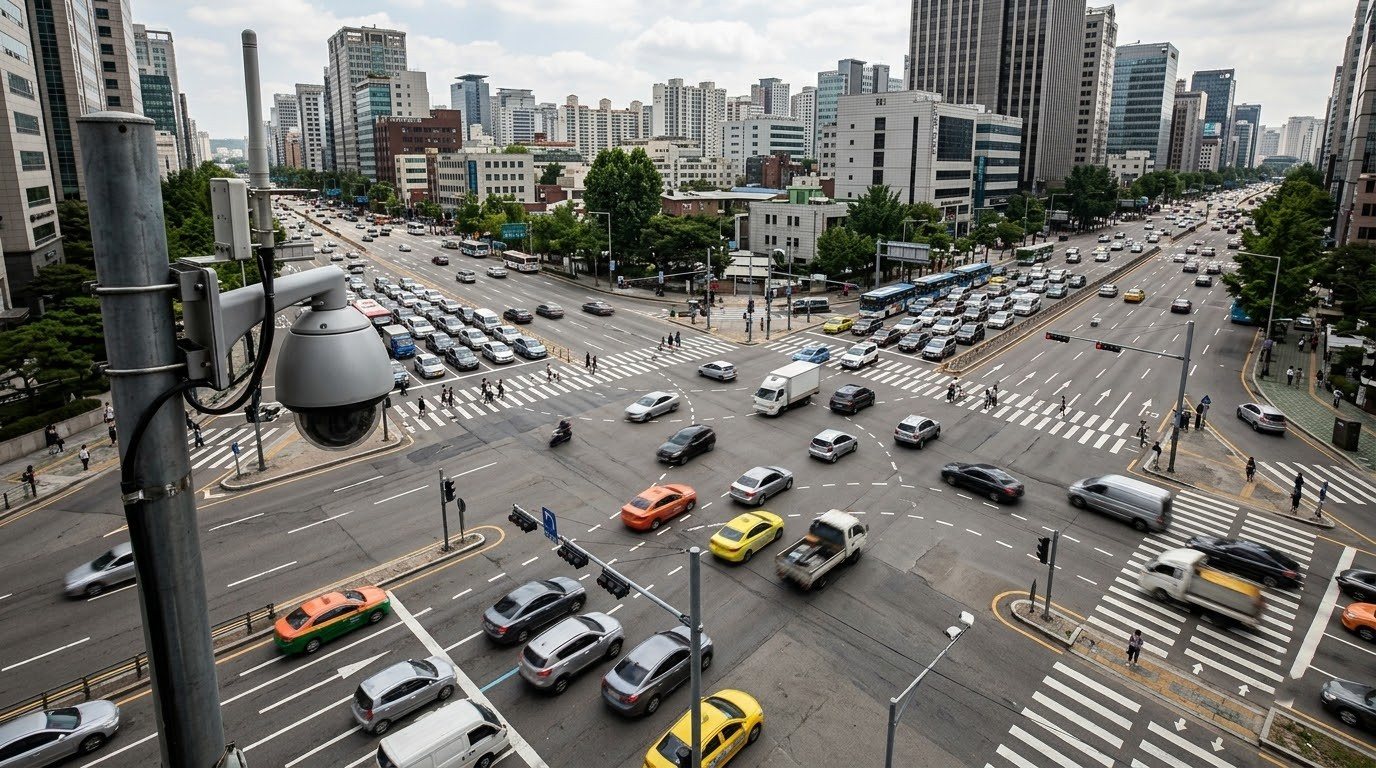 Elevated traffic-camera view of a busy multi-lane urban intersection