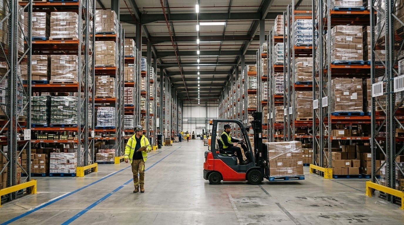 Forklift moving a pallet down a distribution-centre aisle with a worker on foot alongside