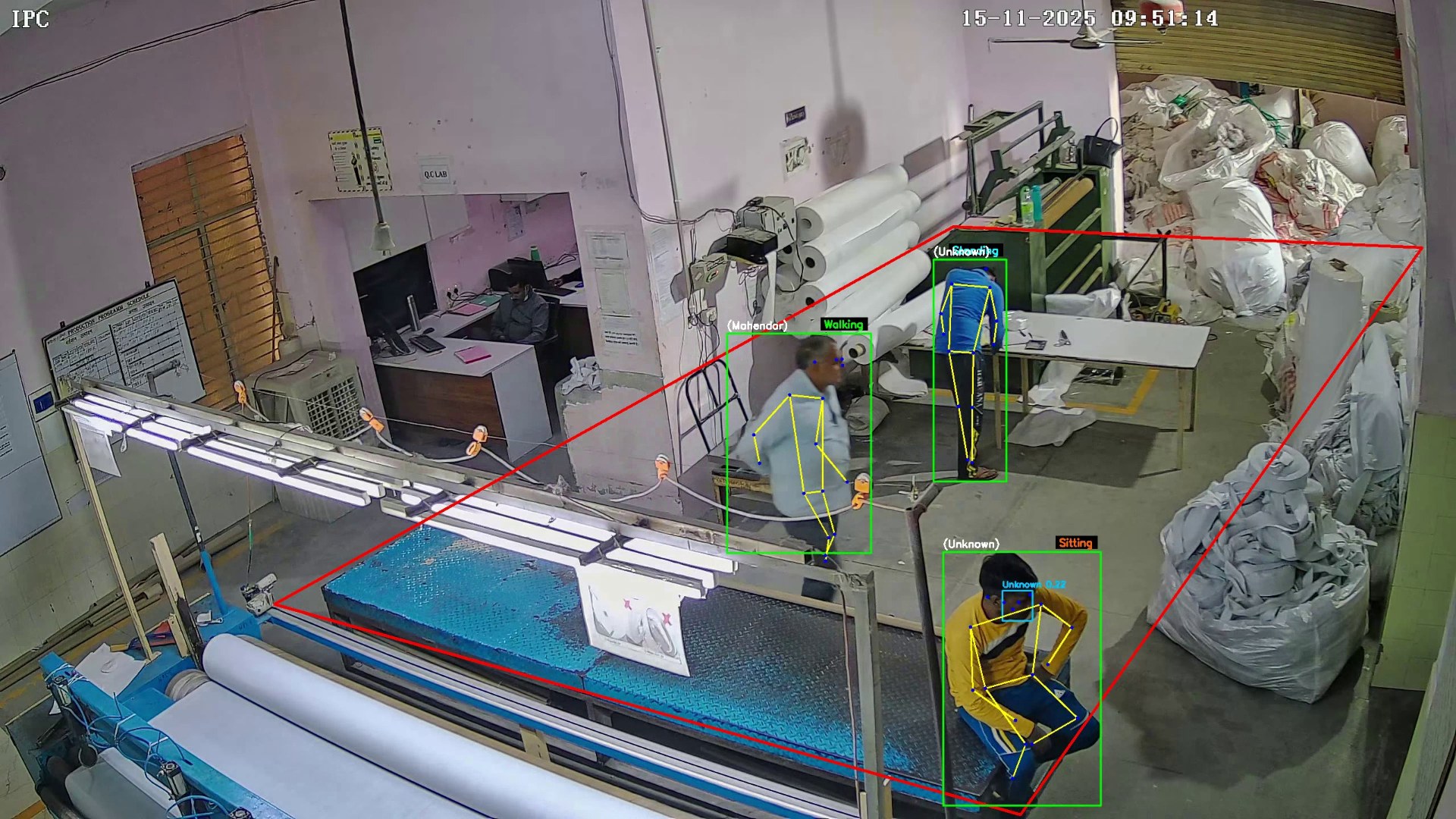 Fabric processing area with a marked zone and workers tracked by the VICAS vision system