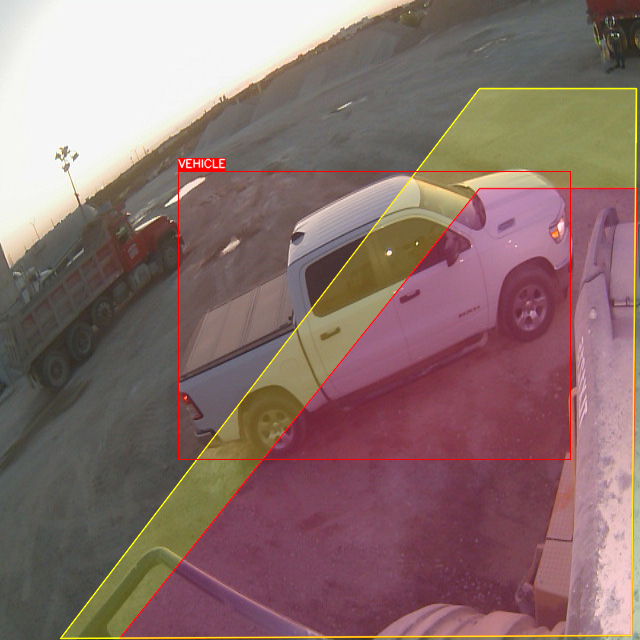 Fisheye camera view with warning and danger zones drawn on the ground and an oncoming vehicle detected and boxed